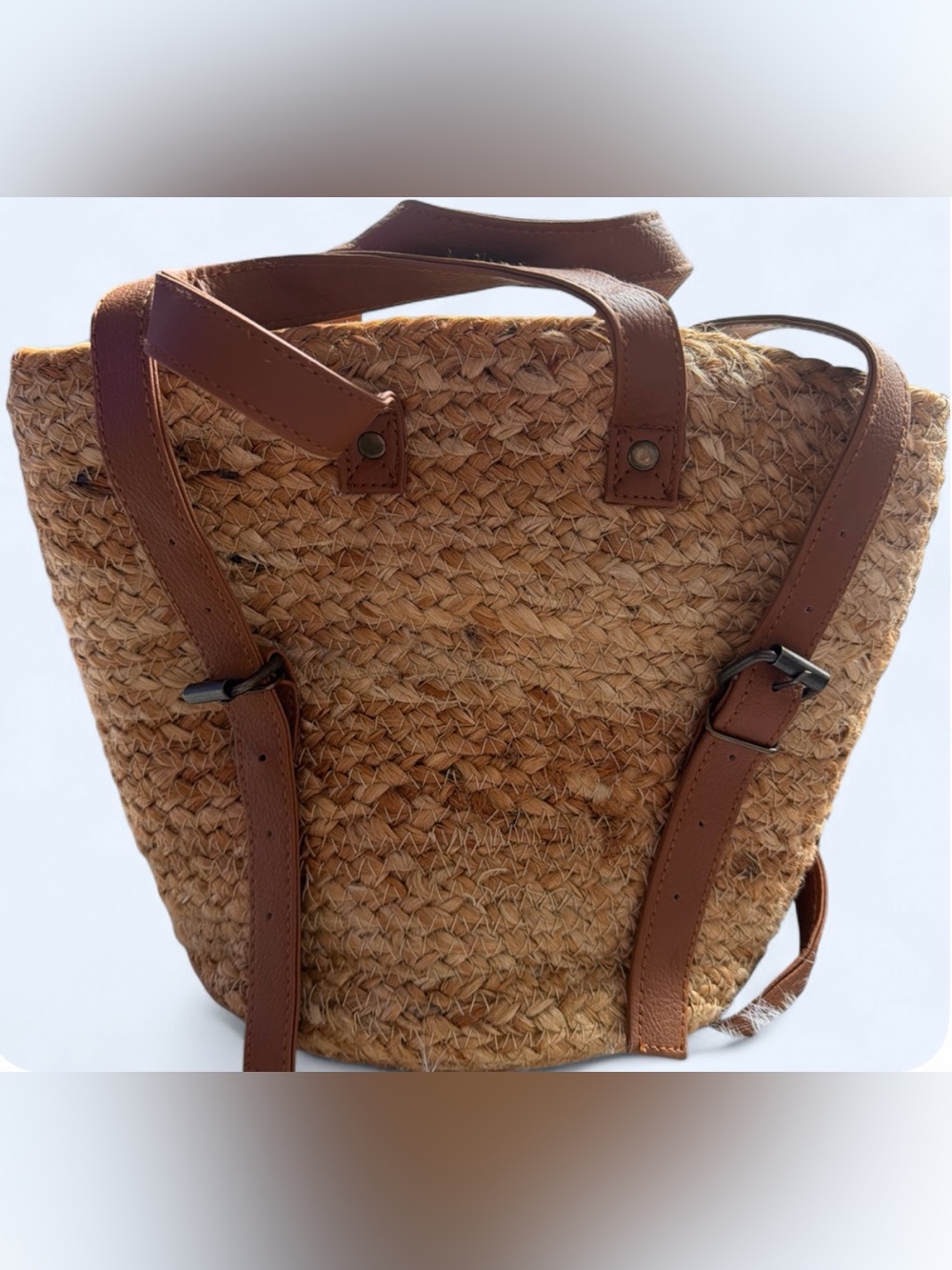 Woven Straw Tote with Brown Leather Straps